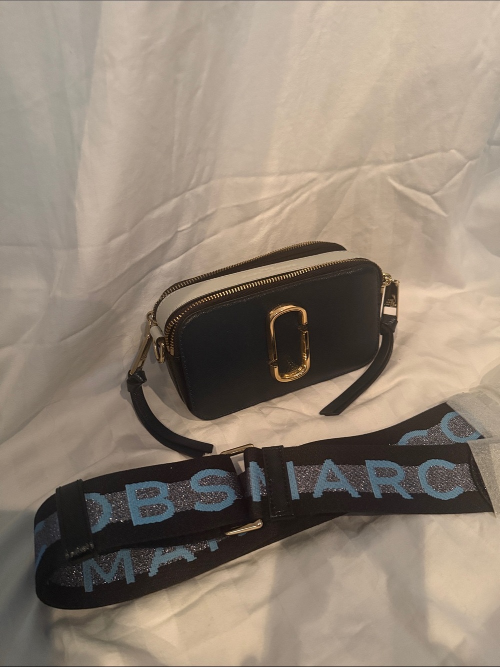 Marc Jacobs Black and White Snapshot Double-Zip Crossbody with Logo Strap